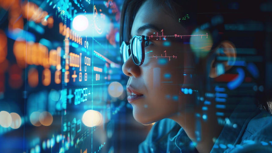 Mujer enfrente holograma analizando big data